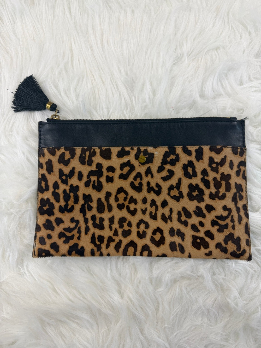 J.Crew Leopard Print Calf Hair Leather Zip Clutch Tassel Animal Print